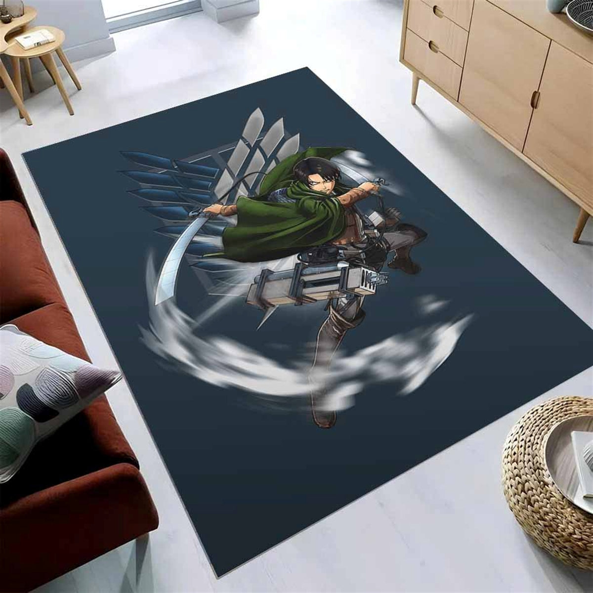 Attack On Titan Anime Levi Fighting Wind Blade Teppich