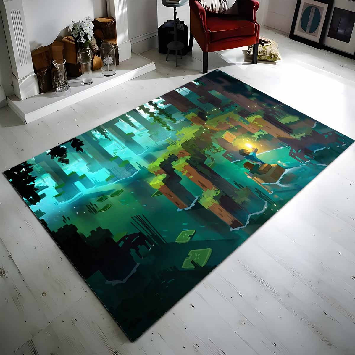 Minecraft Wald Fluss Szene Teppich