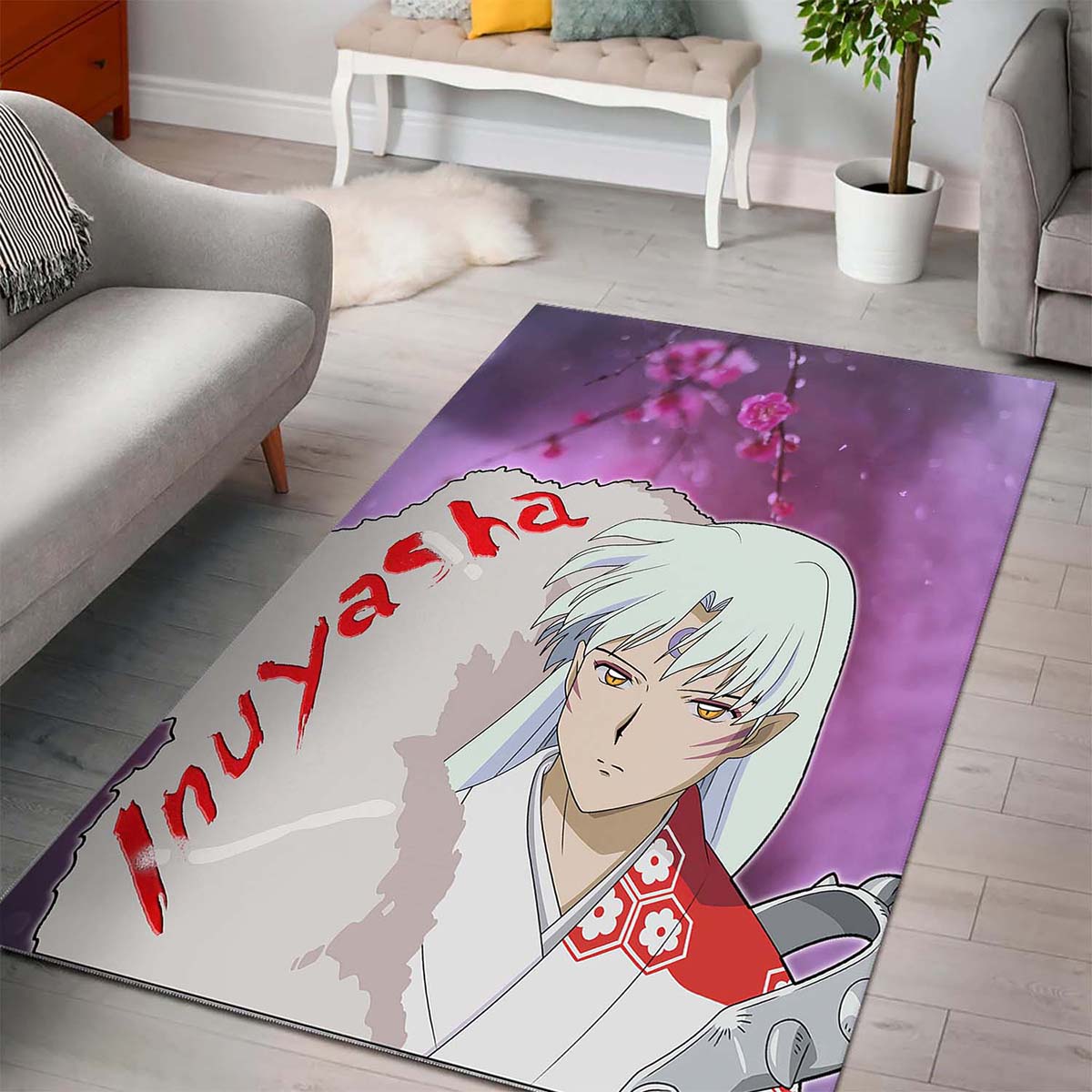 Yasha Anime Sad Sesshomaru Face Sakura Blossom Flower At Night Teppich 3