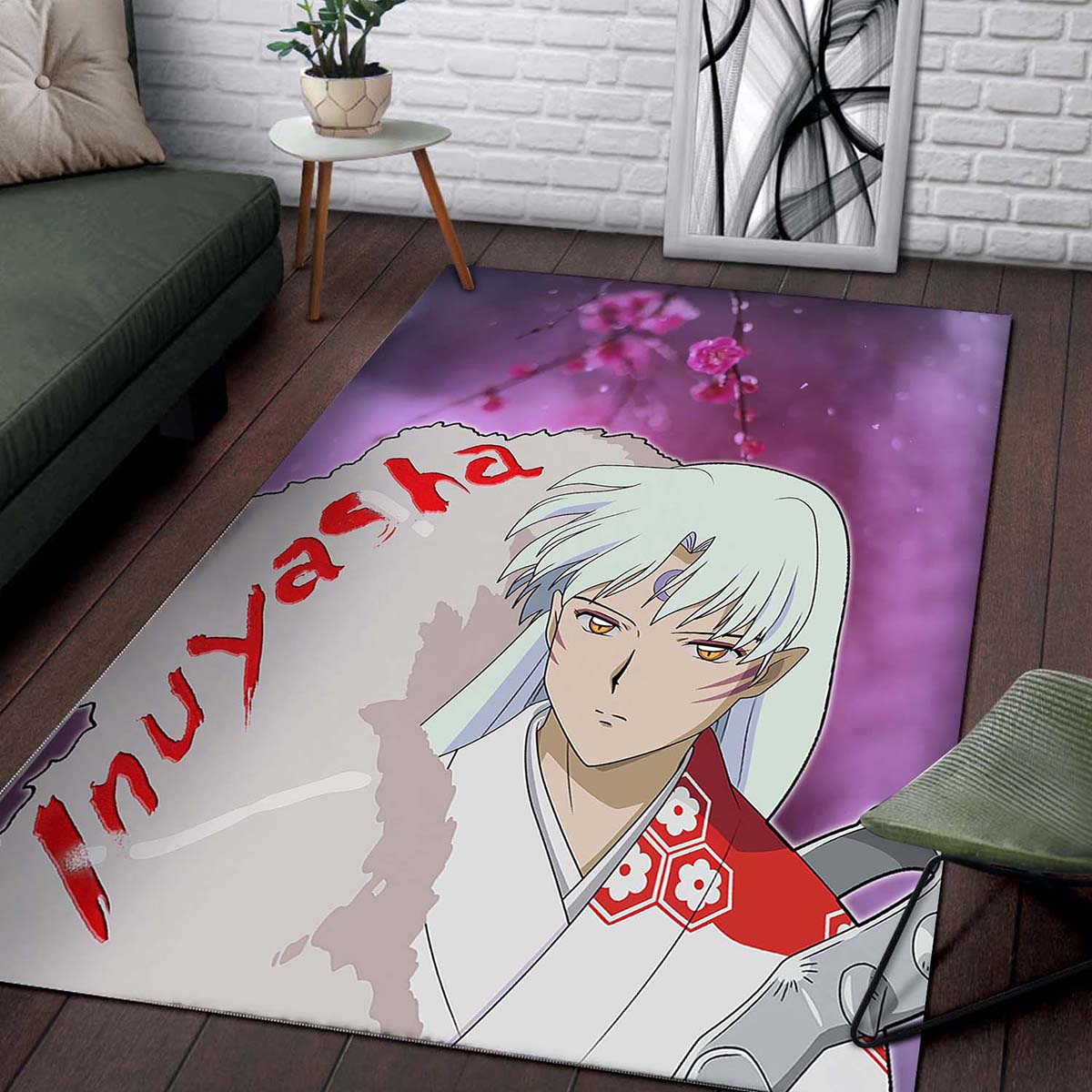 Yasha Anime Sad Sesshomaru Face Sakura Blossom Flower At Night Teppich 2
