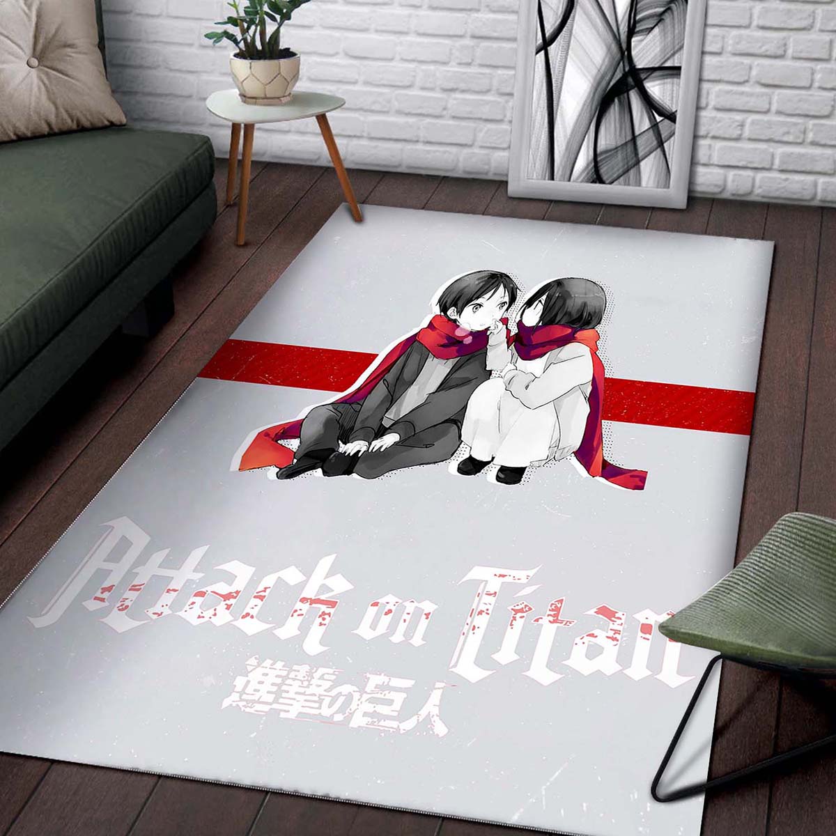 Attack On Titan Anime - Chibi Mikasa And Eren Couple Love Wearing Red Scarf Teppich – Bild 2