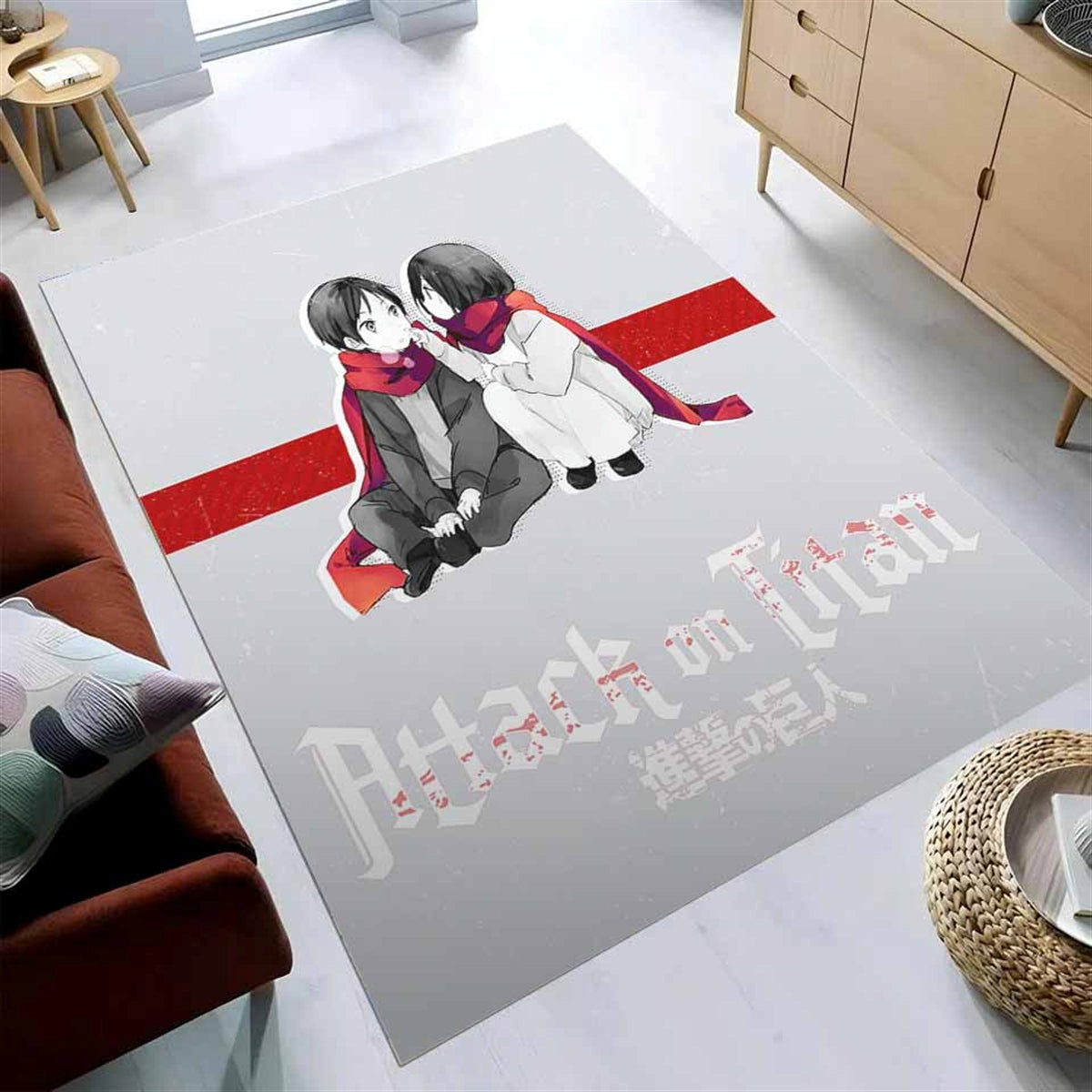 Attack On Titan Anime - Chibi Mikasa And Eren Couple Love Wearing Red Scarf Teppich